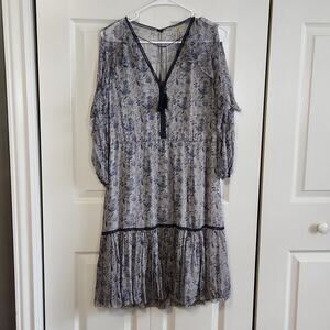 Elite Tahari Women's Silk Gray Blue Lace Ruffle Peekaboo Sleeve Dress Size 8 NWT